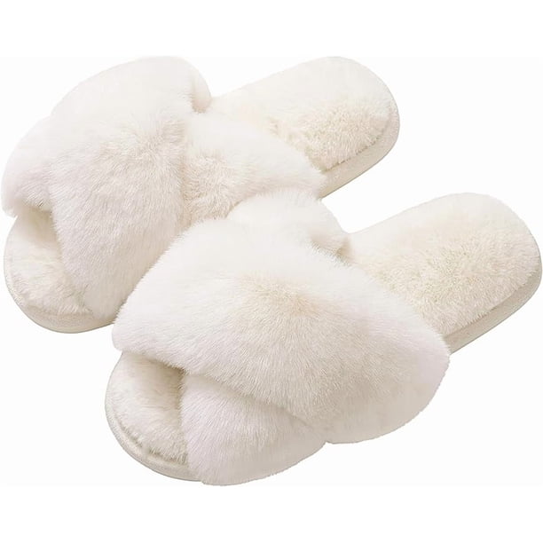 Pantuflas peludas para mujer con banda cruzada y espuma viscoelástica, zapatillas de casa con punta abierta