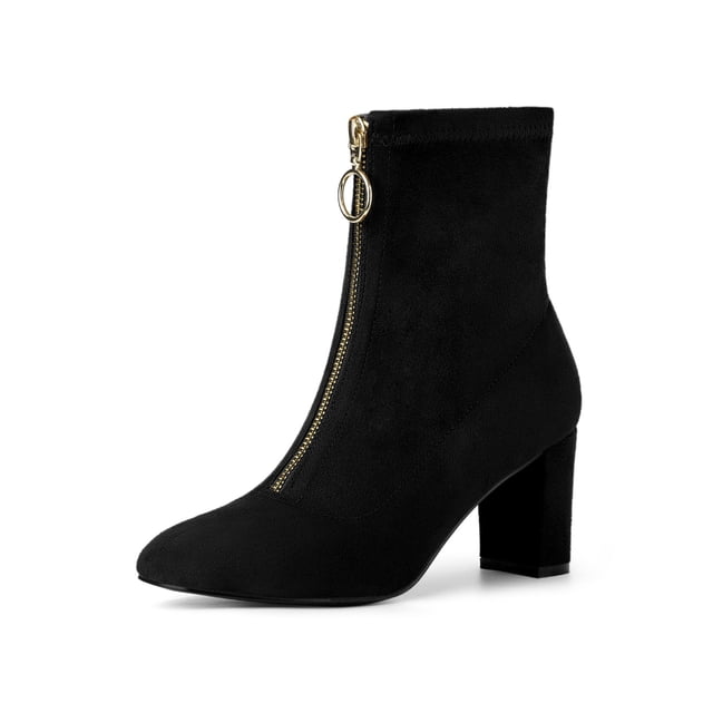 Unique Bargains Bottines à Talon Bloc à Bout Carré en Faux Suède pour Femmes avec Fermeture Éclair Frontale