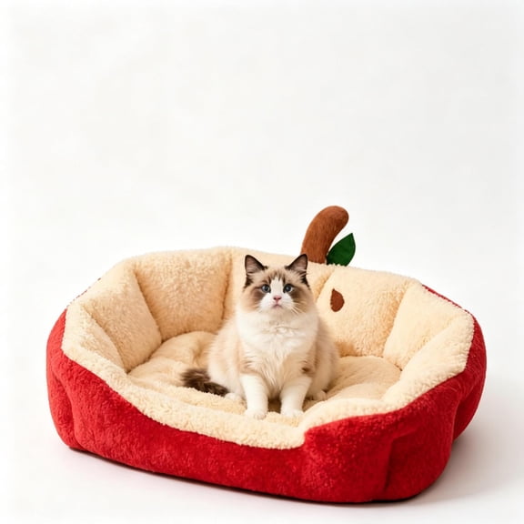Qocolcyl Christmas Apple Shaped Semi Enclosed Cat Sofa Bed, Soft Cloth Detachable Washable Winter Warm Calming Dog Couch Nest, Non-Slip Festive Holiday Pet Bed Ideal Pet Gift for Small Medium Pets