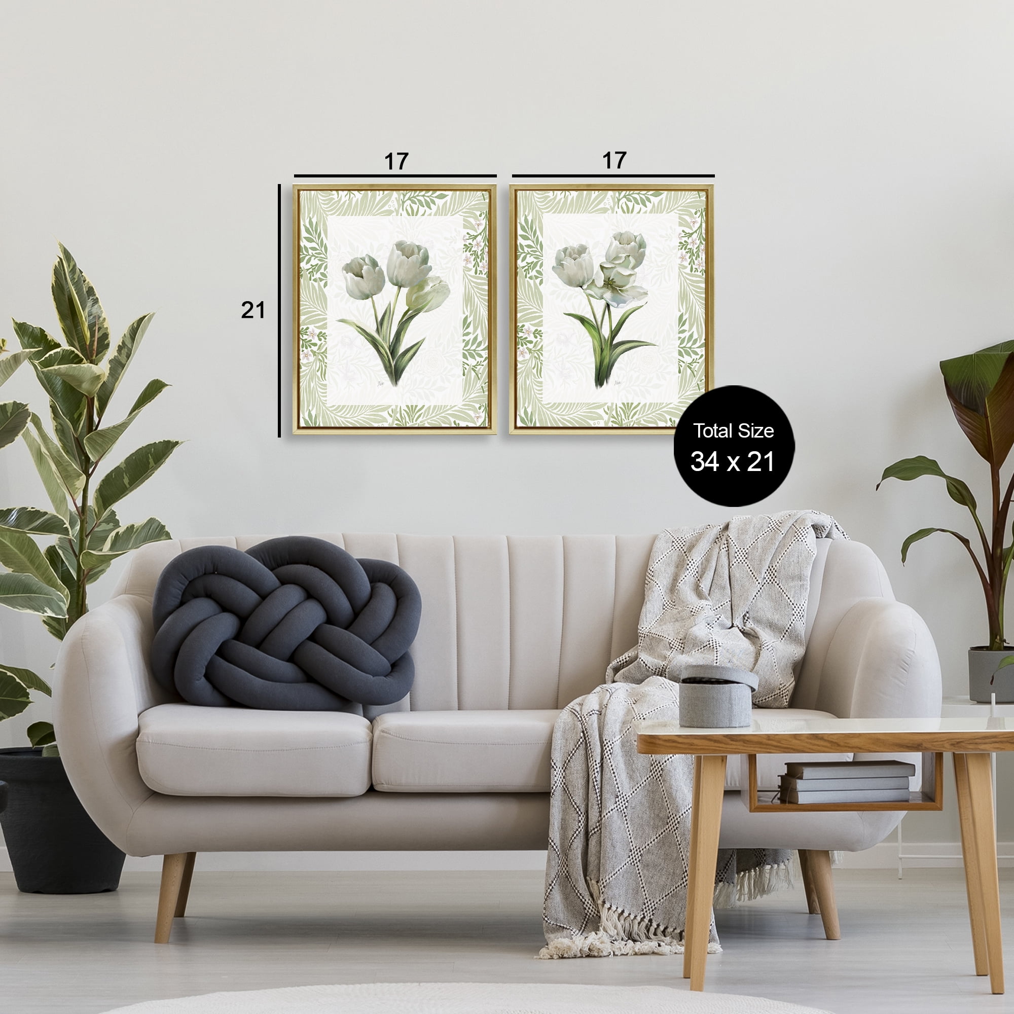 Stupell Industries Soft Green Tulip Trios 2 Piece Gold Framed Floater Canvas Set, design by Nan