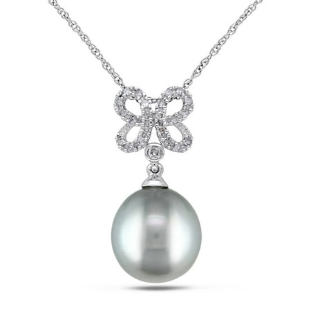 9.5-10mm Black Drop Tahitian Pearl and 1/10 T.W Diamond 10kt White Gold Flower Drop Pendant, 17