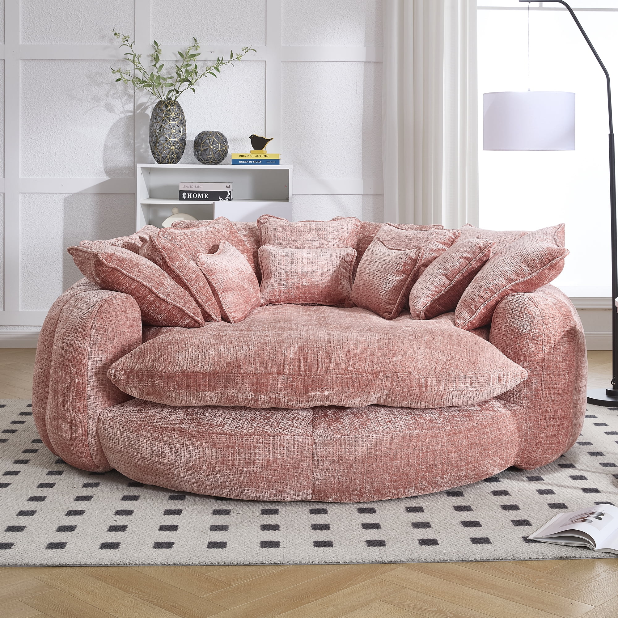 LITVZ Oversized Round Chaise Lounge, 81.1in Extra Wide Barrel Chair for 2 People, Upholstered Cloud Chenille Round Sofa with 14 Pillows, Comfy Fluffy Sleeper Lounge Chair for Living Room