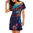 thumbnail image 2 of Sikiie Colorful Feather Owl Print Women's Short-sleeved Nightdress, Round Neck Pullover Nightdress Pajamas Summer Home Wear, 2 of 6