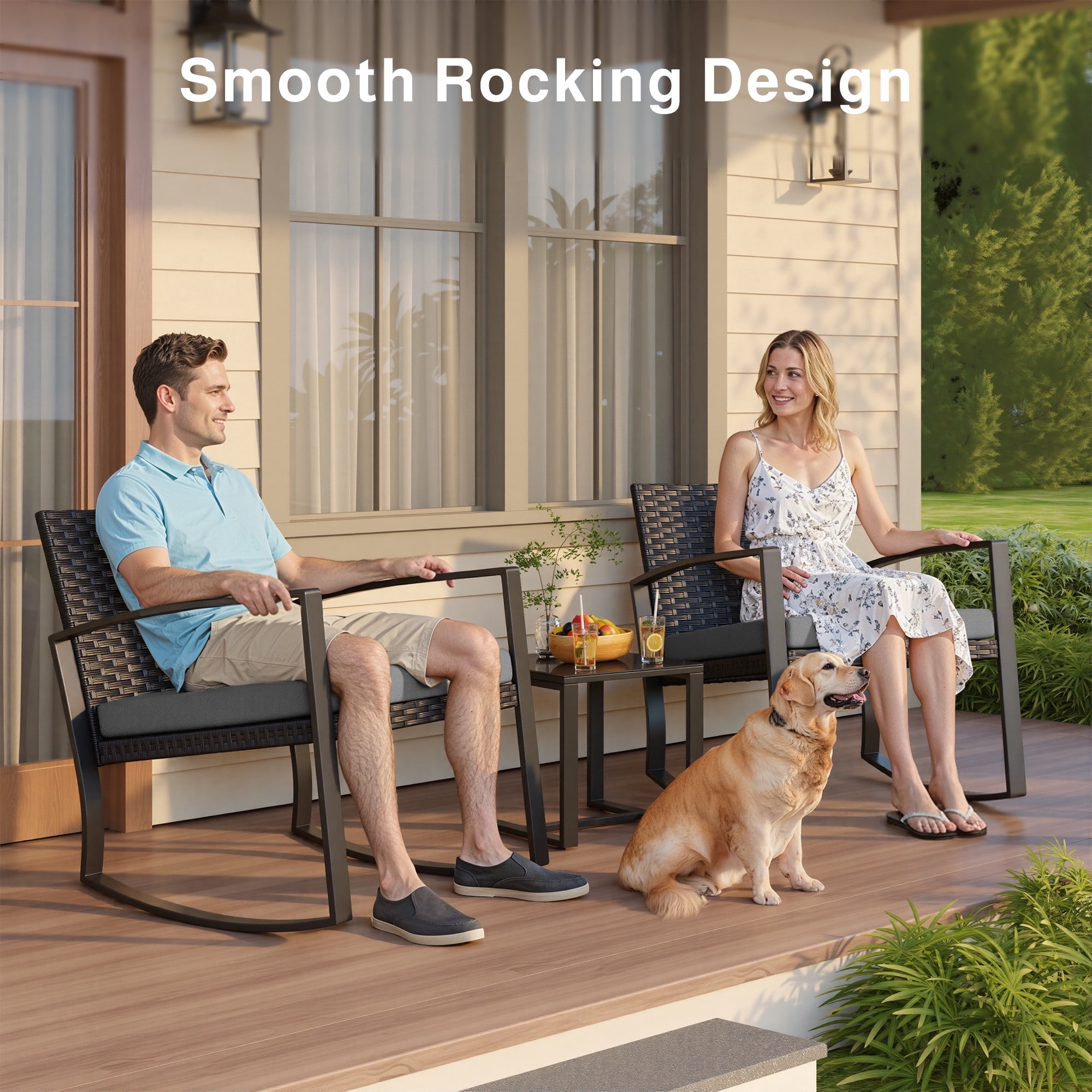 Patio Furniture Set, Outdoor Bistro Set for 2 with Rocking Chairs, Glass Coffee Table & Removable Cushion for Garden Backyard Balcony Lawn Pool, Gray
