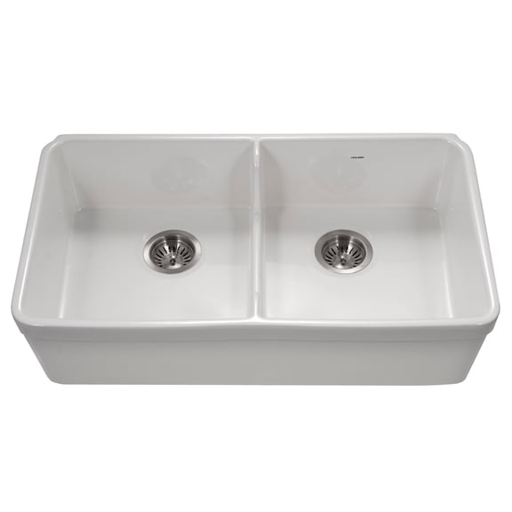 Houzer Platus 32 inch White Fireclay Apron Front Farmhouse 50/50 Double Bowl Kitchen Sink with Low Divider - PTD-6400 WH