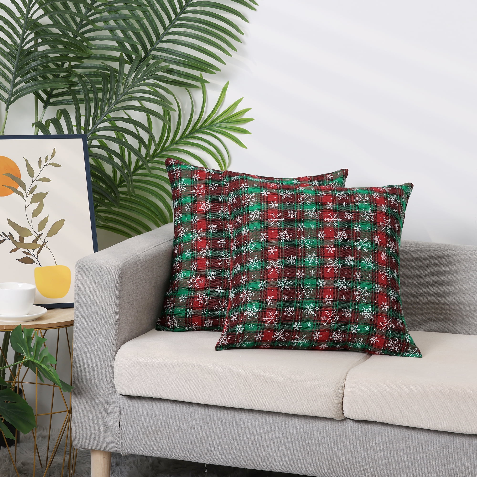 Unique Bargains Festive Plaid Snowflake Decorative Throw Pillow Covers Set of 2 for Home Green Snowflake 18" x 18"