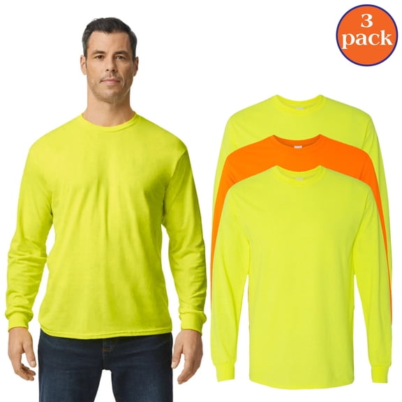 Gildan Safety Long Sleeve Tee, Hi Vis Safety T-shirt for Men, Safety Orange & Green, Pack 3, S