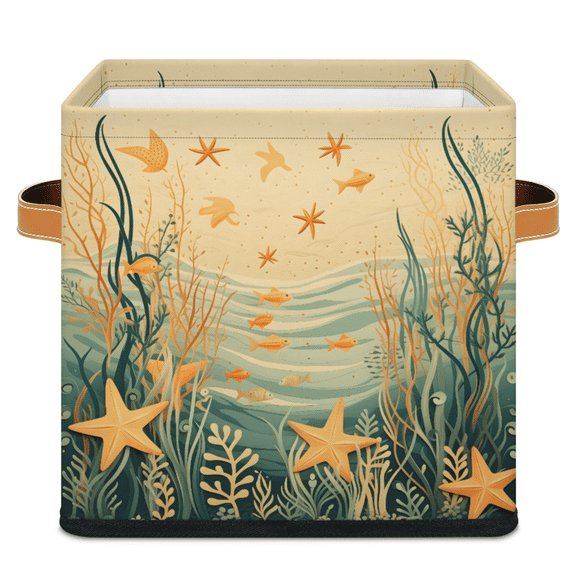 CURLYOOT Nautical Coastal Coral Starfish Seashell 11 x 11 Inch Cube Storage Bin, Decorative Storage Cube Foldable Basket with Leather Handle, Fabric Bin for Closet Shelves Home Organizer