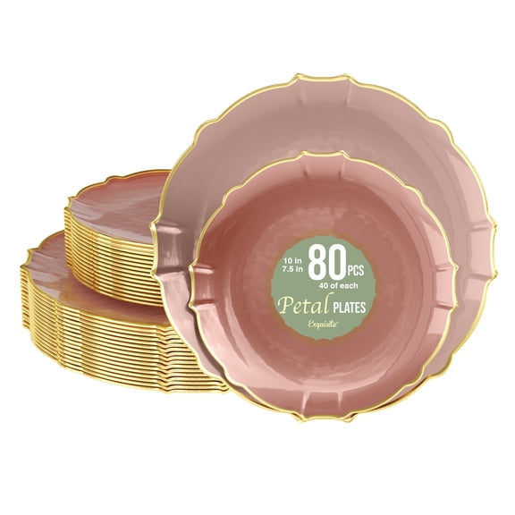 Exquisite Pink Rose Gold Rim Disposable Plastic Plates 80ct Party Set, 7.5" & 10" Plates