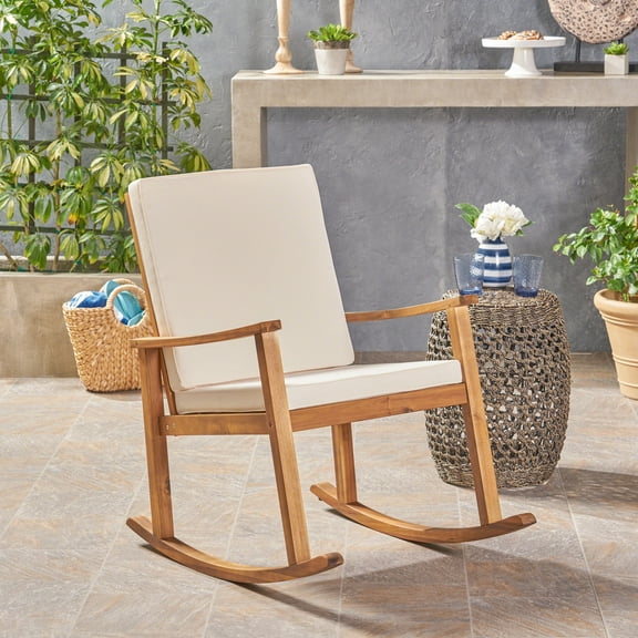 Outdoor Acacia Wood Rocking Chair with Cushion, Teak,Cream