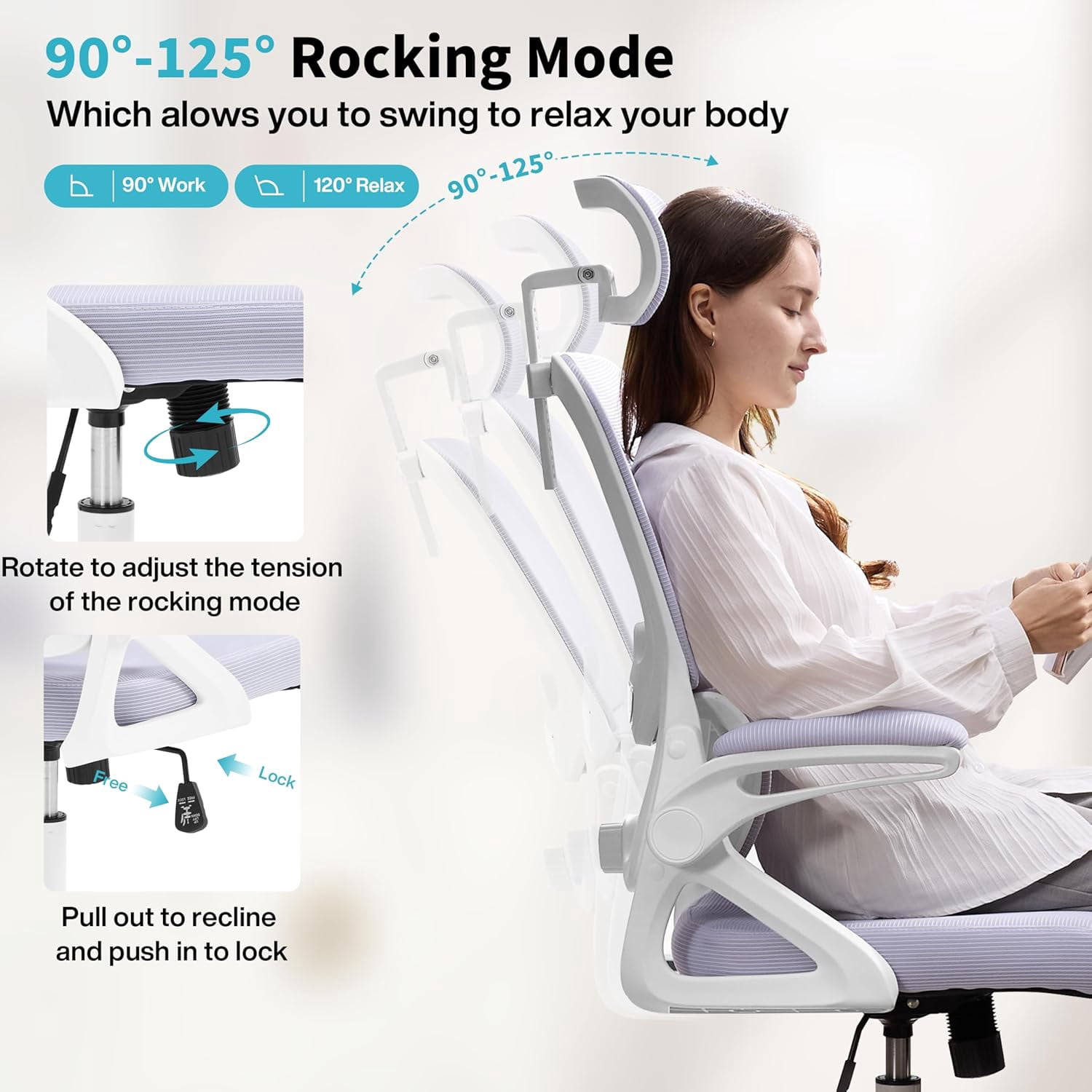 Ergonomic Office Chair,Mesh Office Chair with Lumbar Support,High Back Desk Chair with Flip-up Arms,402 lbs Big and Tall Computer Chair with Headrest,Comfy Desk Chairs (White-Lavender)