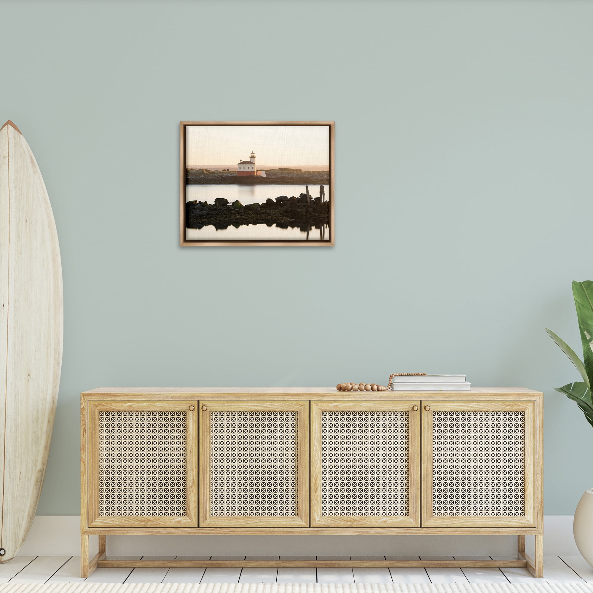 Stupell Industries Lighthouse with Soft Sunlight Landscape Photography Brown Floater Framed Canvas Art Print Wall Art, 31 x 25