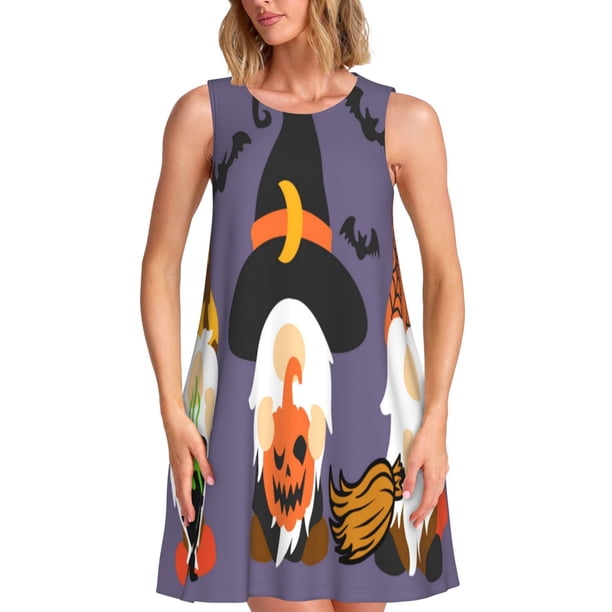 Disketp Halloween Gnomes para Vestido sin Mangas para Mujeres, Vestidos de Verano para Mujeres, Casual y Holgado para la Playa