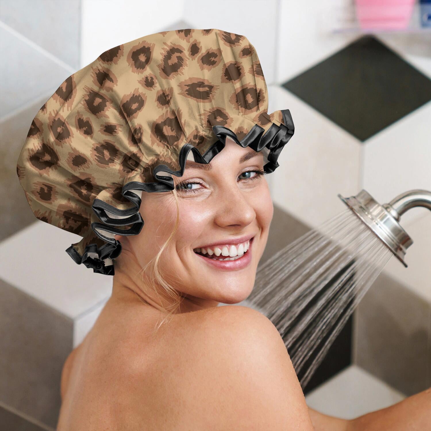 Shower Caps,Leopard Pattern Waterproof Shower Cap for Women 4 Pieces,Double Reusable Hair Cover for Shower PEVA Elastic Stretch Hem