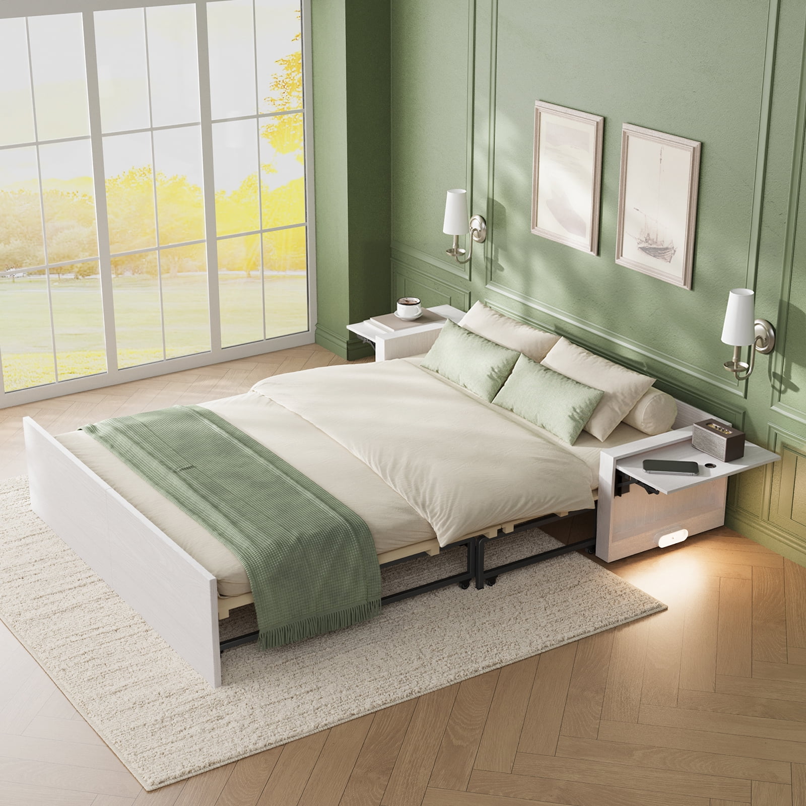 Full Murphy Bed with Mattress,Full Size Cabinet Bed with Folding Nightstand and Charging Station & LED Light,Multifunctional Space-Saving Wall Bed for Bedroom, Guest Room,Office,White