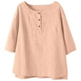 thumbnail image 6 of Wyobmus Womens Summer Tops Loose Fit Button Up Henley Shirt Casual Solid Color Half Sleeve Linen Cotton Tshirt S-3X Pink, 6 of 9