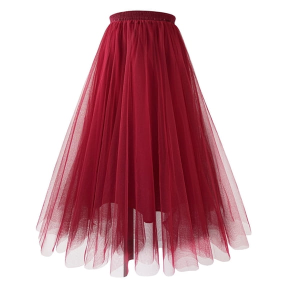 Women's Tulle Skirts Midi Elastic High Waist Pleated Mesh Flowy A-Line Party Long Skirts Wine L