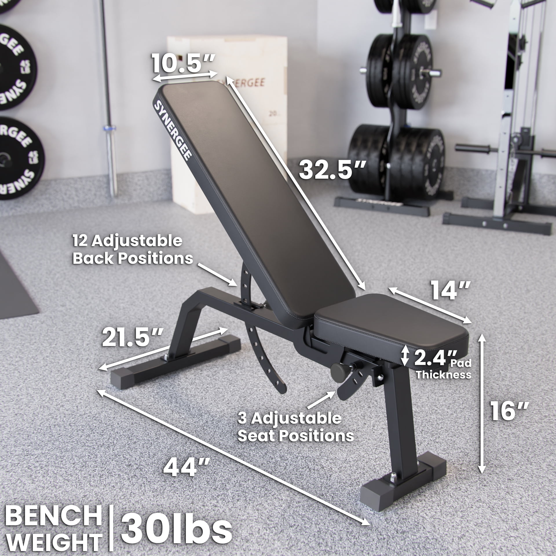 Synergee Adjustable Incline Workout Bench. Weight Bench for Dumbbell & Barbell Press Exercises & Workouts. Great for Commercial, Garage and Home Gym