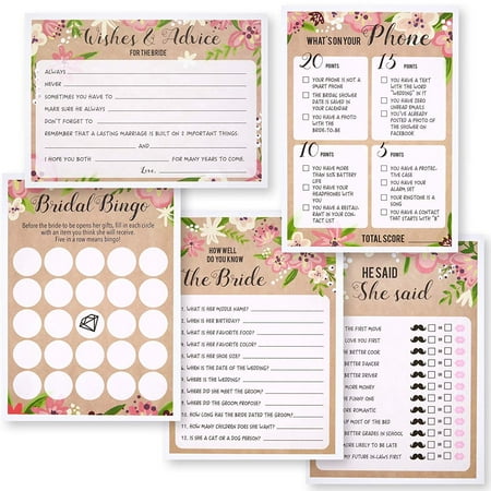 Best Paper Greetings Set of 5 Floral Bridal Shower Wedding Games, 50 Cards Each Game, 5 x 7