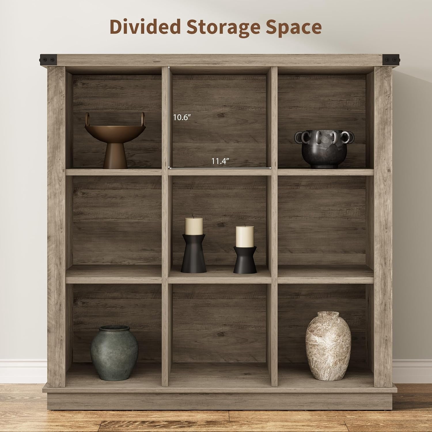 GarveeHome 9 Cube Storage Organizer Bookshelf, 37.4" Grey 4-Tier Farmhouse Bookcase, Long Low Wood Storage Shelf for Entryway & Living Room,Grey