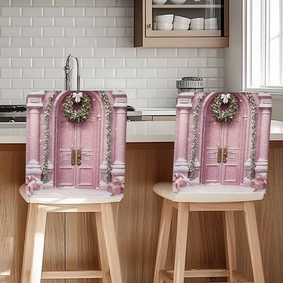 Pink Castle Chair Covers Set of 1 Christmas Wreath with Bow Tie Xmas Gifts Chair Back Covers Stretch Removable Washable Slipcovers Protector for Dining Room Kitchen Party Decor