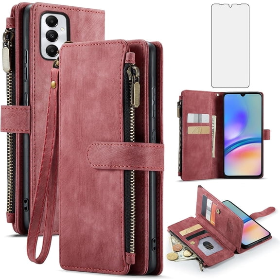 Asuwish Kickstand Hard Shell Wallet Cell Phone Case with Tempered Glass Screen Protector for Samsung Galaxy A05s, Red