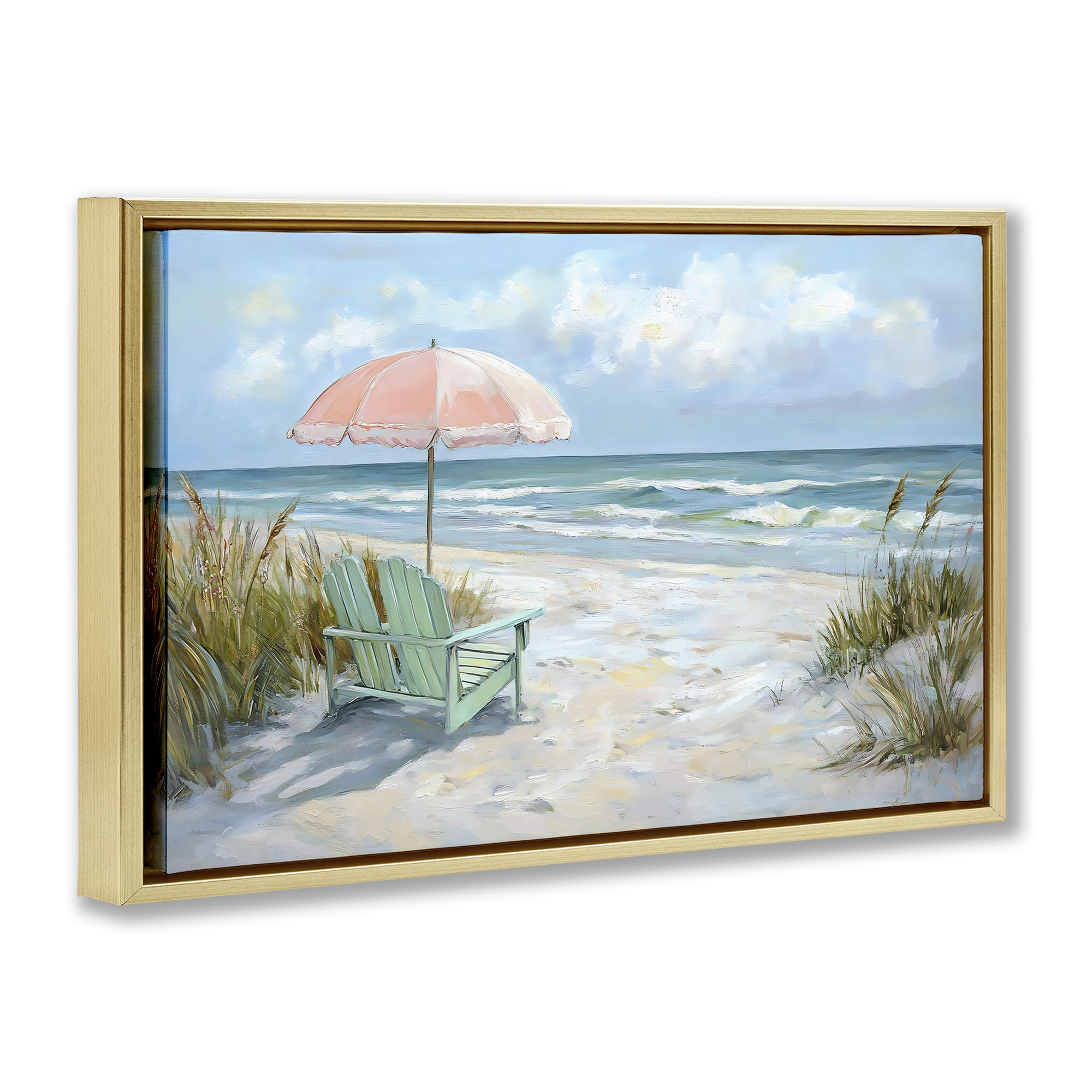 Stupell Industries Seaside Chair & Pink Umbrella Gold Framed Floater Canvas Wall Art, design by Creative Studio