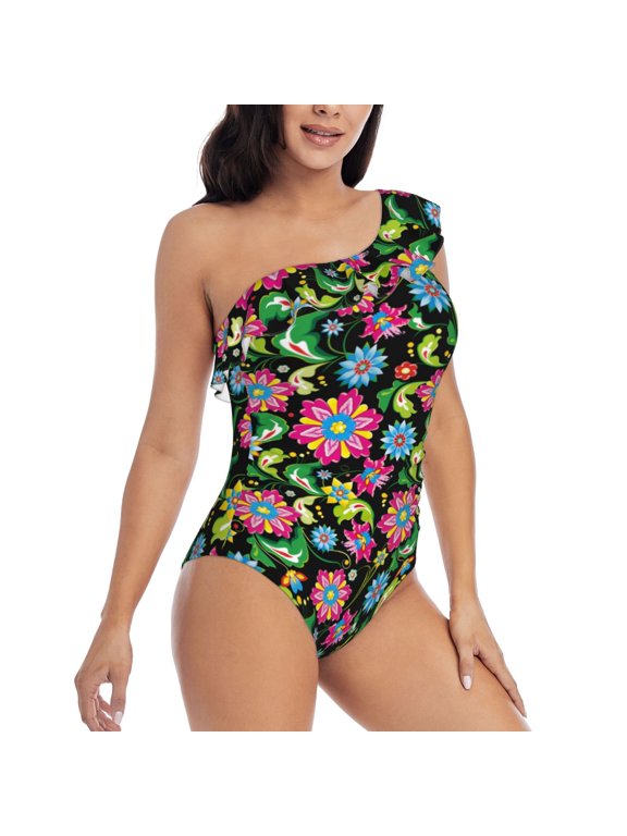 Picia Vector Mexican Otomi Style Bright Pattern Women's One Piece Swimsuits,One Shoulder Swimwear Asymmetric ,Ruffle Monokinis Bathing Suits,High Waisted Flattering Bathing Suits-Small