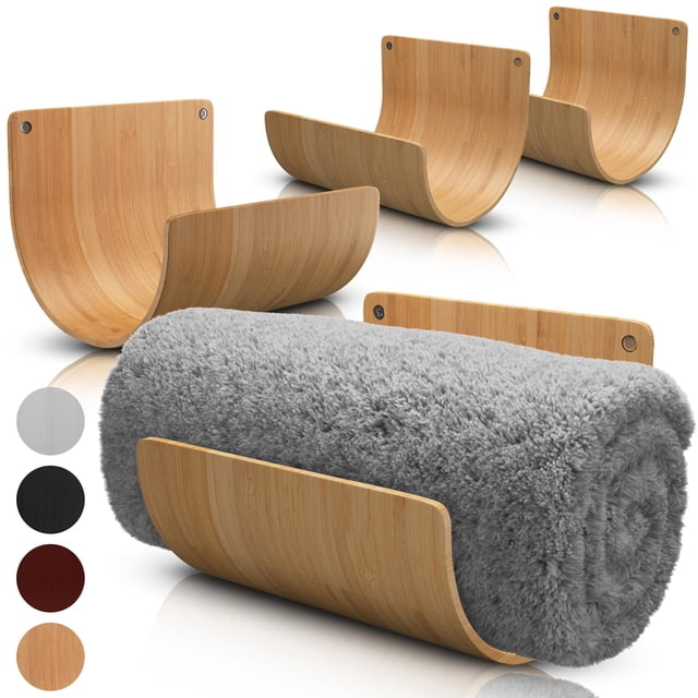 Toallero de Bambú de Aura Nest Juego de 4 Toalleros de Madera Accesorios de Baño de Bambú - Toallero de Pared para Toallas Enrolladas Toalleros de Madera para Baño Spa Baño - Bambú Natural