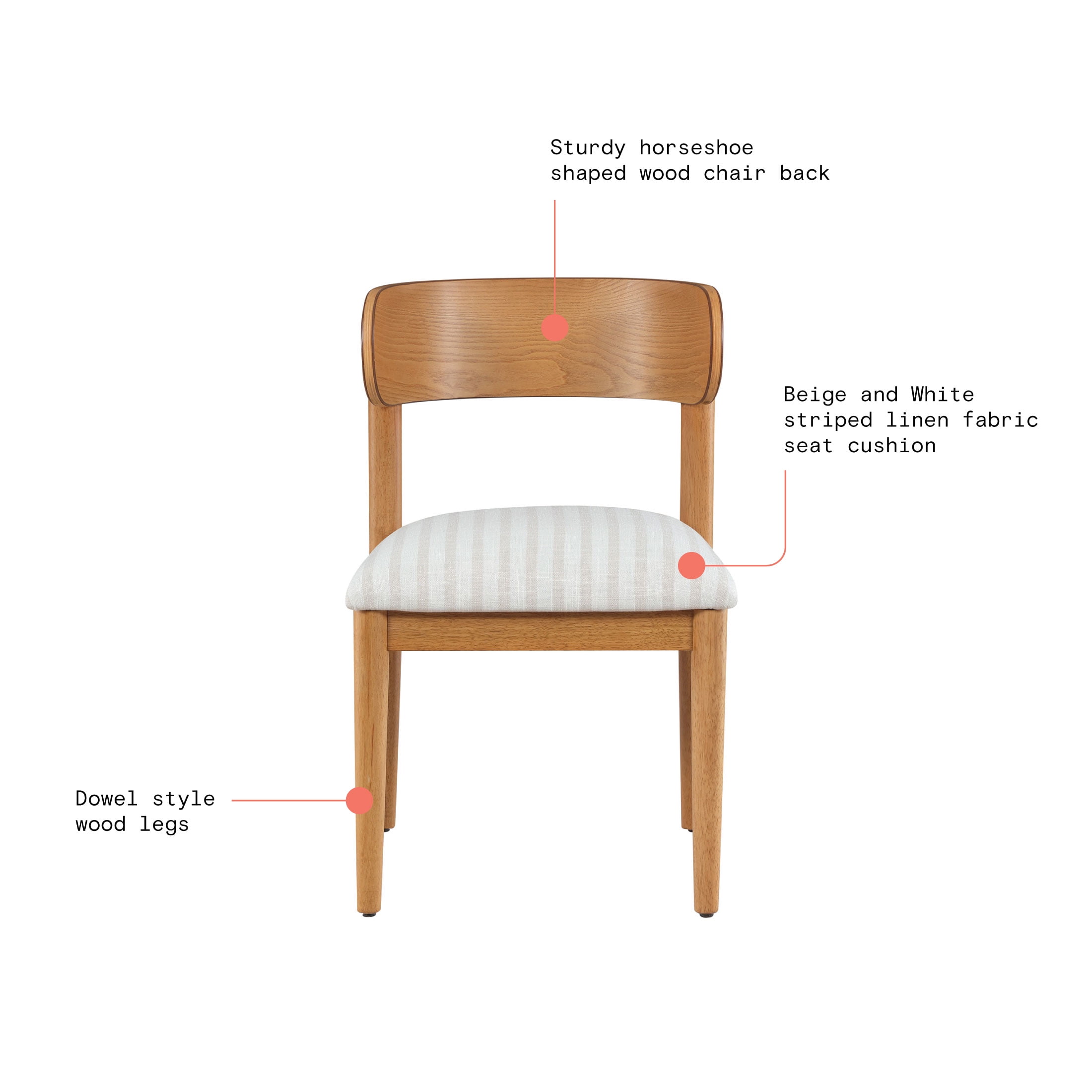 Beautiful Drew Dining Room Chair by Drew Barrymore, Warm Honey Finish with Striped Fabric, Set of 2