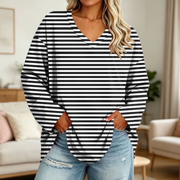 thefmos Women's V Neck All Over Print Pullover Top Long Sleeve Plus Size Casual Blouse Fashion Fall Winter Outfit, Black 3XL