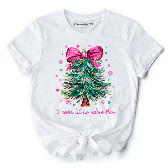 Glitter Christmas Tree Coquette Bow T‑Shirt, O Come Let Us Adore Him Holiday Tee