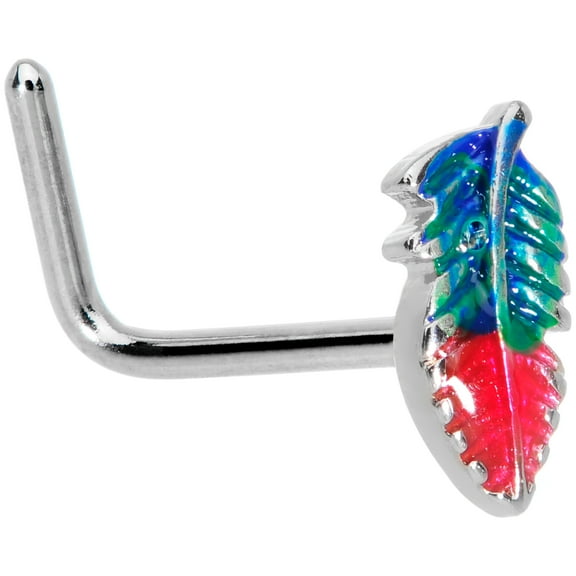 Body Candy Womens 20G Steel L Shaped Nose Ring Blue Green Red Feather Nose Stud Body Piercing Jewelry 1/4"