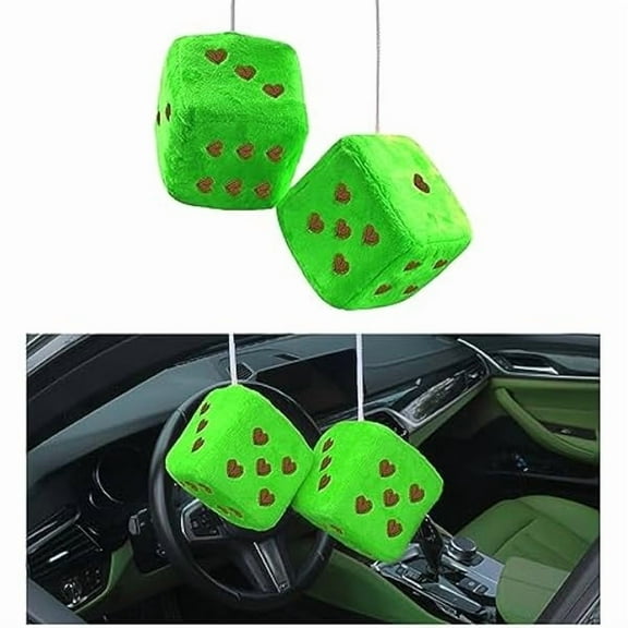 0829 Pair Fuzzy Plush Dice for Car Mirror, 3'' Retro Square Dice with Heart-Shape, Universal Auto Rearview Mirror Hanging Ornament Decoration, Vehicle Interior Accessories for Women (Green)