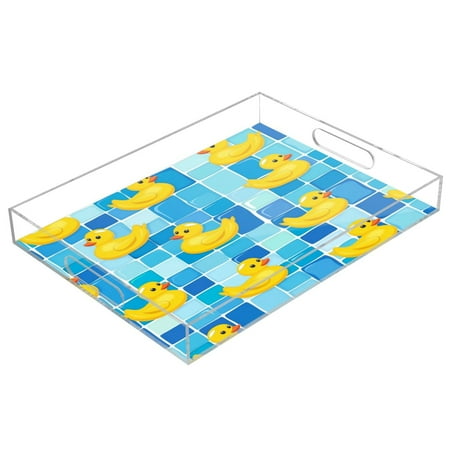 

WOBOGO Tile Yellow Duck Acrylic Serving Trays 15.7x11.8 Inch Spill Proof Clear Decorative Organizer with Handle