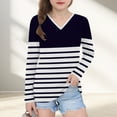 thumbnail image 2 of cfhntfmh Girls Striped Tshirt Long Sleeve V Neck T Shirts Color Block Tops Comfy Cute Basic Tee Tops for Kids 3-14 Years, 2 of 7
