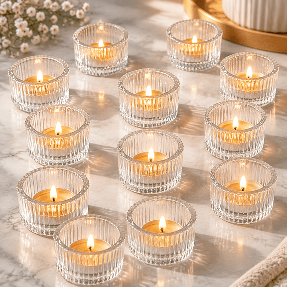 12Pcs Glass Tealight Candle Holder Set, Clear Glass Votive Tea Light Candle Holders, 2.2 x 1.4 Inch Table Decor for Wedding, Party and Home Decoration