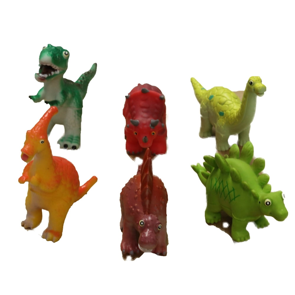 Set of 6 Assorted 4 Inch Soft Rubber Cartoon Dinosaur Toys
