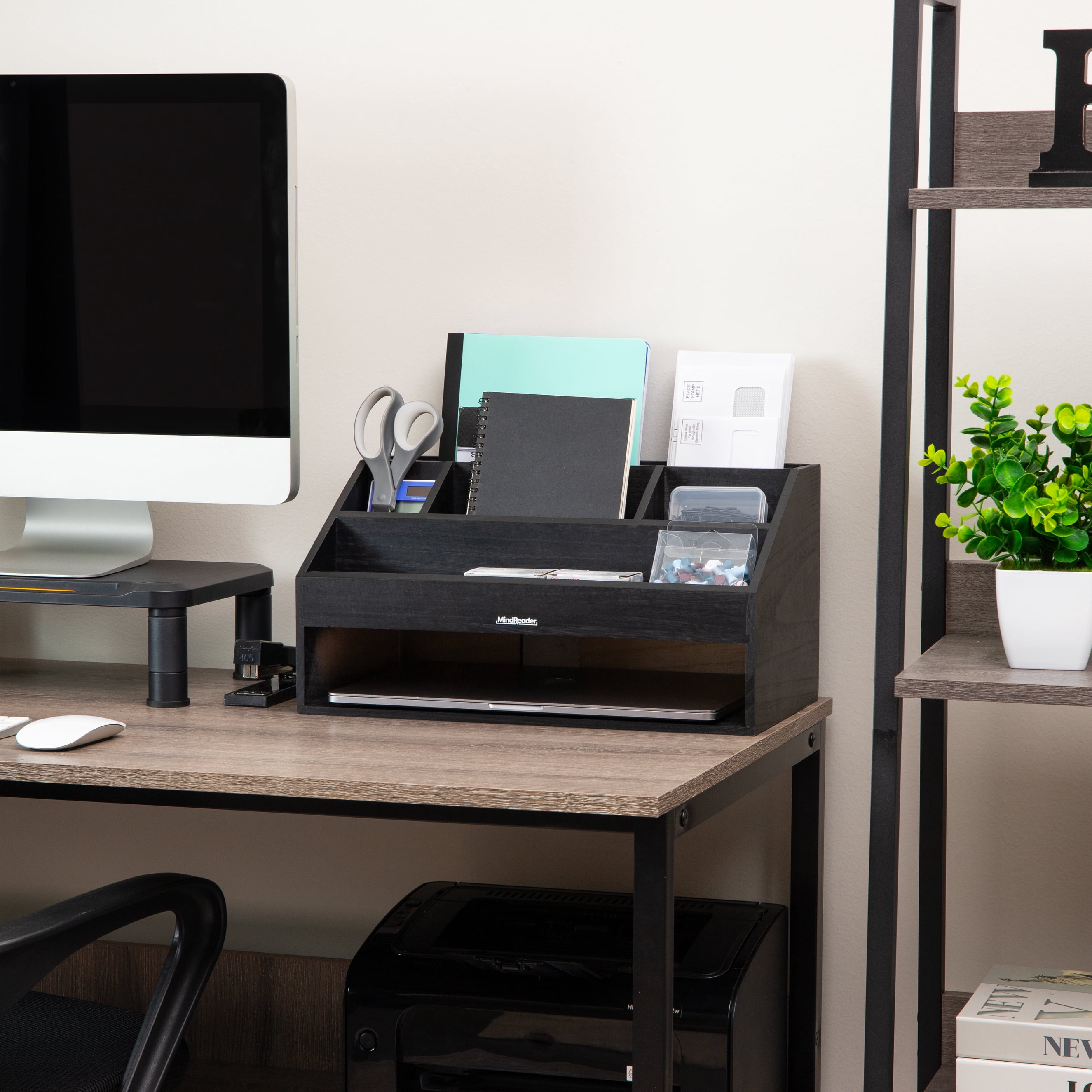 Mind Reader Desk Organizer, File Storage, Accessory Holder, Cord Management, Office, Wood, Black
