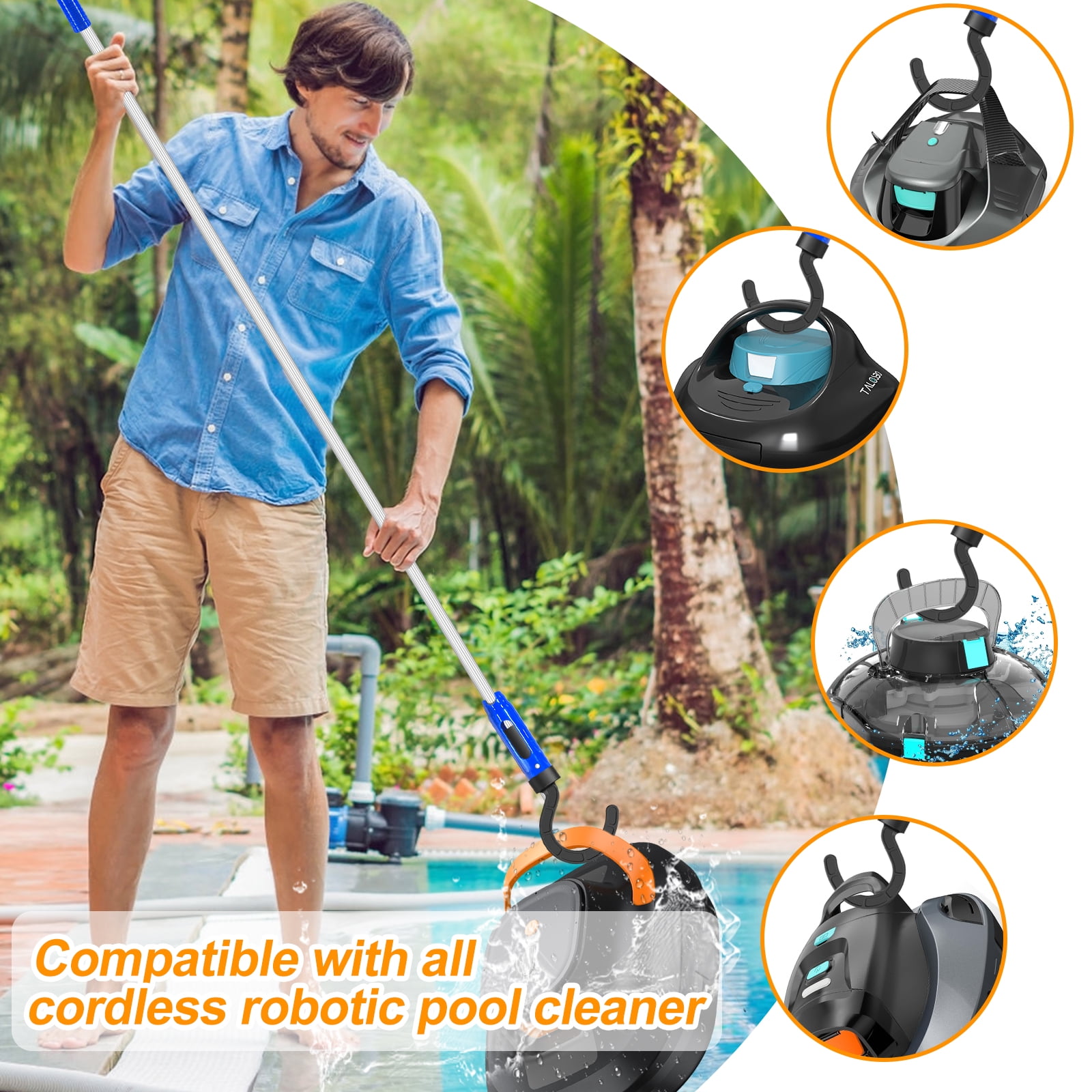 4 Section Aluminum Pool Pole with Hook for Robotic Pool Cleaners Vacuum Robot Accessories for Cordless Above Ground and Underwater Models 5.2 Feet Adjustable Handle