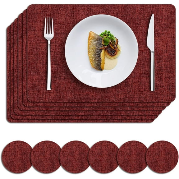 Faux Leather Christmas Placemats Set of 6, Heat Resistant Wipeable Washable Vinyl Place Mats with Coasters, Waterproof Oil Proof Table Mat for Kitchen Dining Party Indoor, 12" x 18", Red