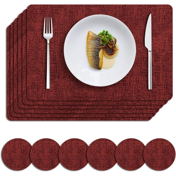 Faux Leather Christmas Placemats Set of 6, Heat Resistant Wipeable Washable Vinyl Place Mats with Coasters, Waterproof Oil Proof Table Mat for Kitchen Dining Party Indoor, 12" x 18", Red
