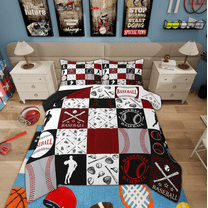 Manfei Teens Baseball Player Bedding Comforter Set, Square Plaid Twin Comforter Sets, Cartoon Sport Theme Reversible Bedding Set, Luxury Bedroom Decor, 2 Pieces