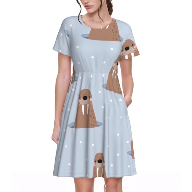 Balery Playful Walrus Wonders Vestidos sueltos de manga corta para mujer, vestidos de verano 2025, vestidos casuales de corte A con vuelo.