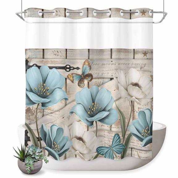 No Hook Shower Curtain, Teal Blue Tulips Shower Curtains for Bathroom with See Through Top Window, Spring Floral Barn Doors Vintage Wood Beige Waterproof & Washable Bath Curtain 66"x72"