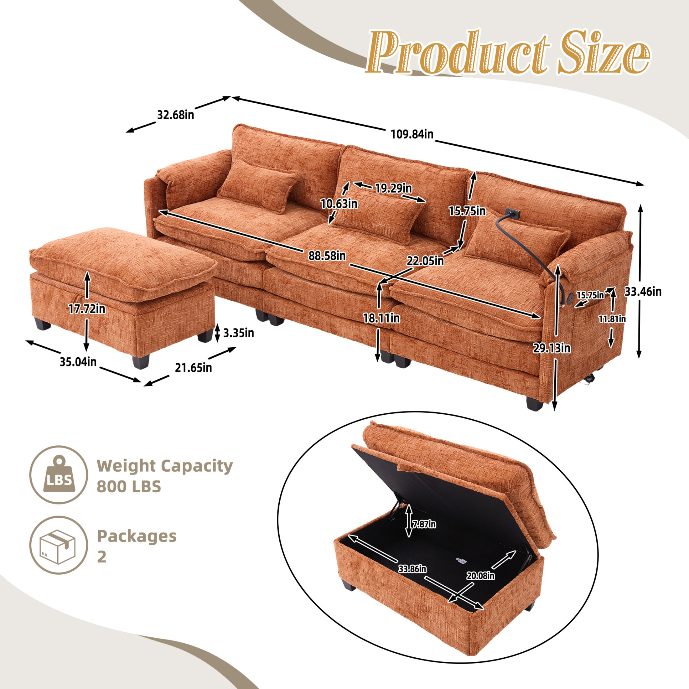 Noble House Modern 112" Oversized L-Shape Sectional Sofa, Chenille Cloud Couch with Modular Storage Ottoman, Orange