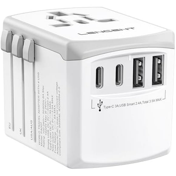 Universal Travel Power Adapter, International AC Plug Adaptor with 2 USB C 2 USB A Ports Wall Charger Worldwide Travel Essentials for US to EU UK Ireland Australia (Type C/G/A/I), White
