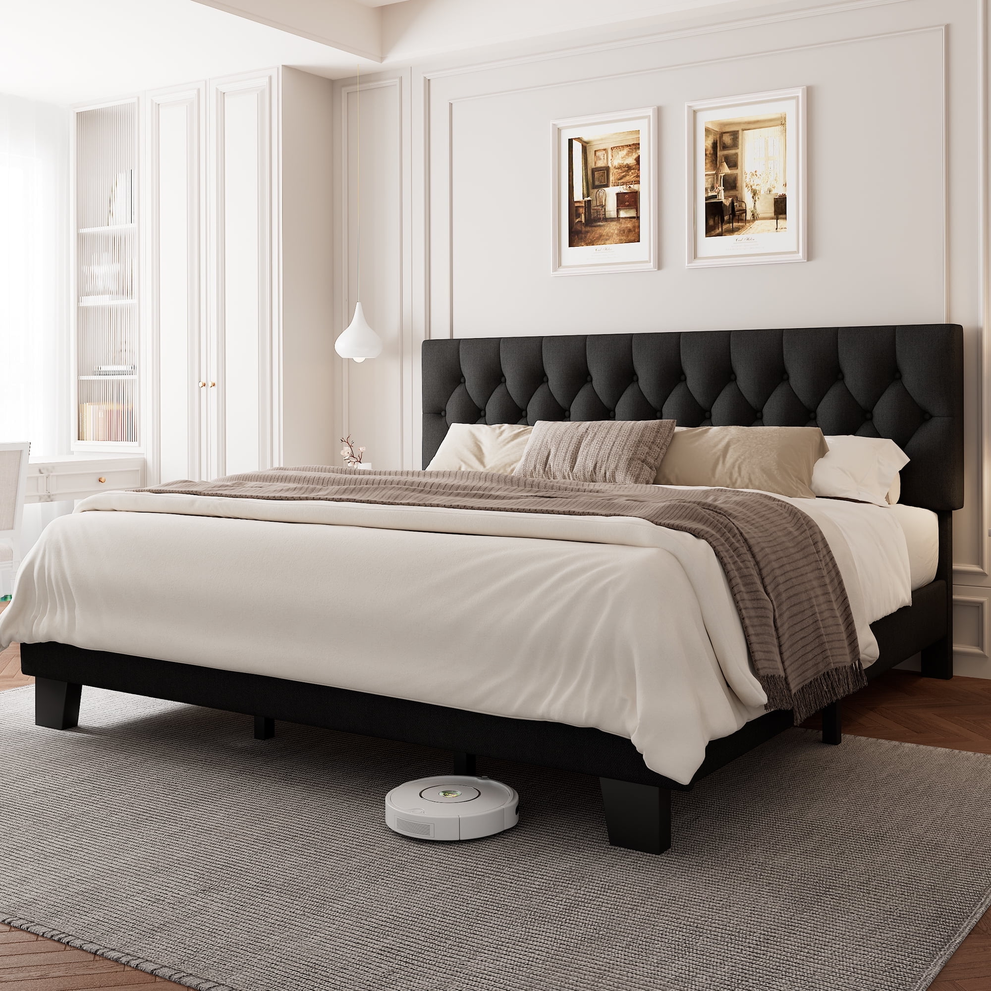 Virans Linen King Size Platform Bed Frame with Tufted Button Headboard,Upholstered Bed with Wood Slat Support,No Box Spring,Noise Free,Easy Assembly,Black