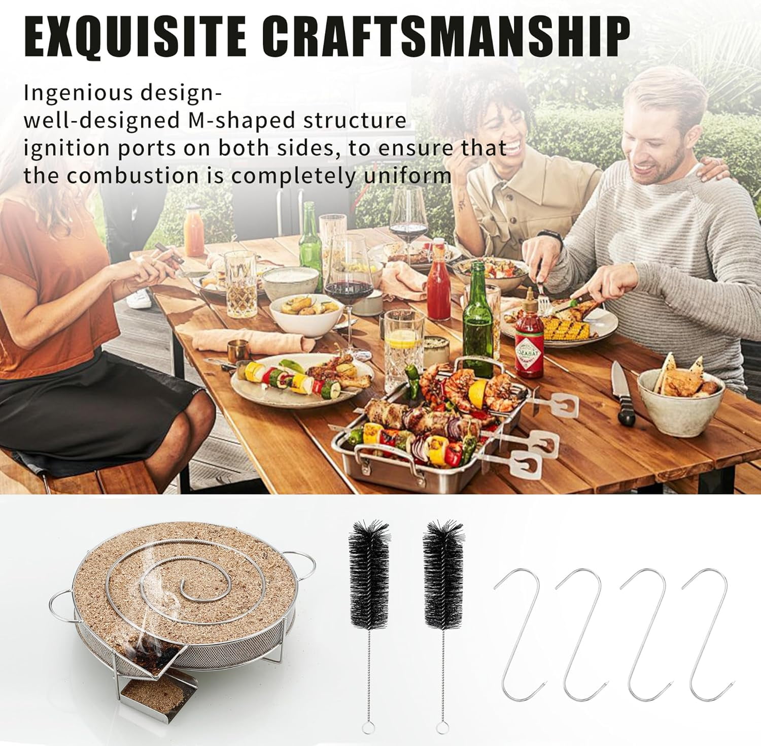Cold Smoke Generator Made of Stainless Steel, Round Smoker Snail, Savings Burn Smoker Oven with Handle, with 4 Meat Hooks + 2 Cleaning Brushes, Meat Smoker Oven for Kettle Grills, Smokers and Smoking