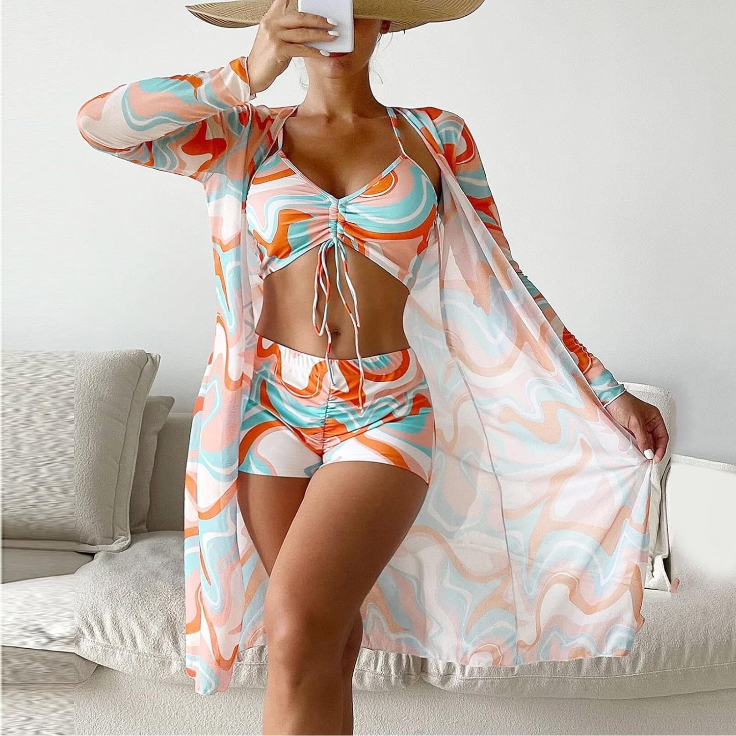 High Waisted Bikini Sets for Women Cover Up 3 Piece Swimsuit Print Long Sleeve Push Up Swimwear Beach Bathing Suit Walmart